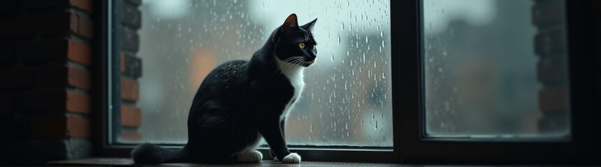 Cat sitting on a window sill looking out at the rain