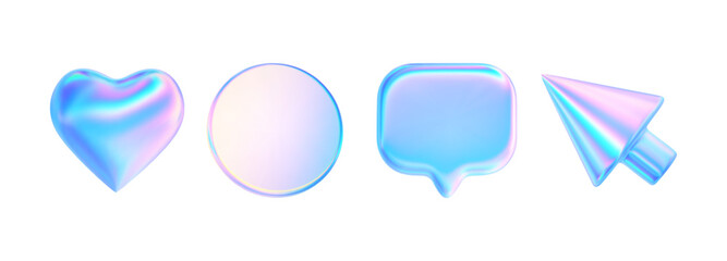 3d glass element with holographic effect. Render iridescent coin, heart, arrow, cursor, speech bubble icon. Y2k neon shape isolates. Vector tech ui illustration