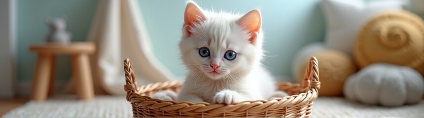 White kitten sitting in a basket on the floor
