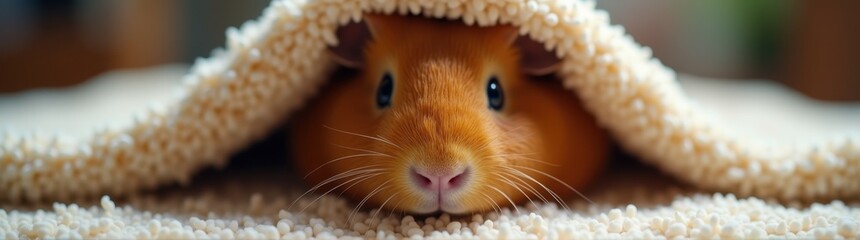Small brown guinea in a blanket on a bed