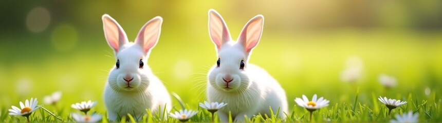 Two white rabbits are standing in a field of grass with daisies