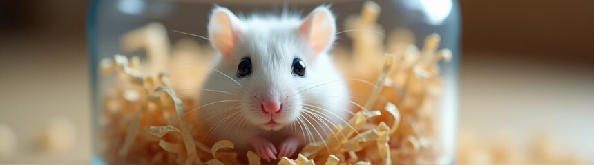 White hamster sitting inside of a glass container