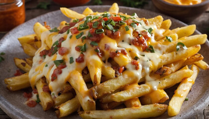 Cheesy loaded fries on rustic plate