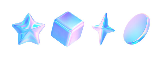 3d glass element with holographic effect. Render iridescent star, coin, cube, disk, starburst icon. Y2k neon shape isolates. Vector tech ui illustration