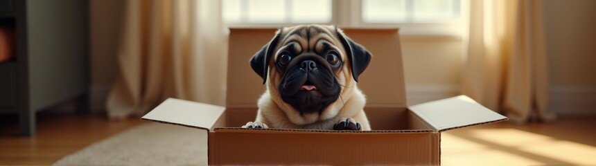 Pug dog sitting in a box on the floor