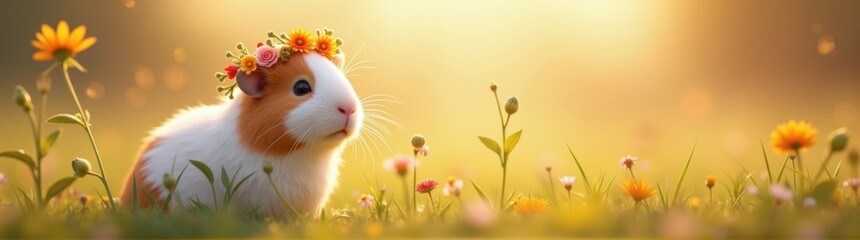 Small white and brown guinea with a flower crown on its head