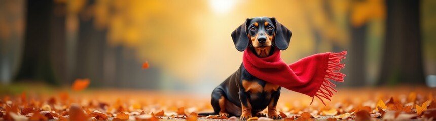Dog dachshund in the leaves with a scarf