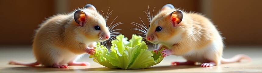 Two small hamsters that are eating a lettuce