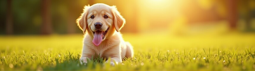 Dog that is sitting in the grass with his tongue out