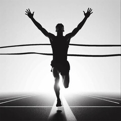 A black and white silhouette of a running athlete who tears ribbons successfully overcoming the finish line. Vector graphics. EPS.
