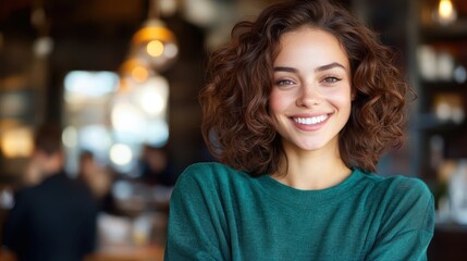 Obraz premium A cheerful woman smiles warmly in a cozy café, embodying the essence of comfort and connection in a casual setting filled with soft lighting and inviting ambiance that uplifts spirits.