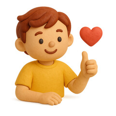 3D cartoon boy with a thumbs up and a heart, expressing approval and affection.