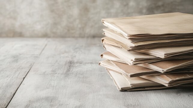 A neat stack of aged brown paper files rests on a rustic wooden surface, suggesting themes of history, organization, and nostalgia in a minimalist style.