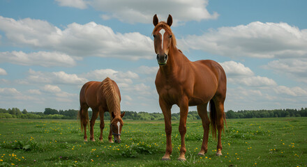 Brown Horses Grazing and Standing on Open Meadow Under Cloudy Sky