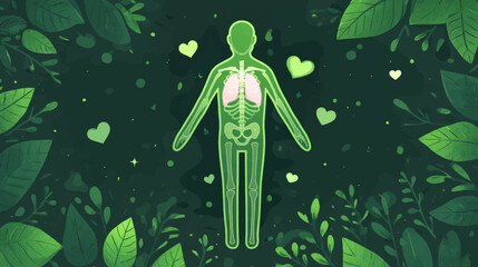 Stylized vector of human figure with glowing lungs surrounded by green hearts and leaves for organ donation awareness