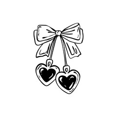 Hand drawn girly cherry two hearts with coquettish cute ribbon bow. Retro valentines day print. Vintage love locket doodle vector illustration. Girly wedding, birthday, bachelorette party invitation