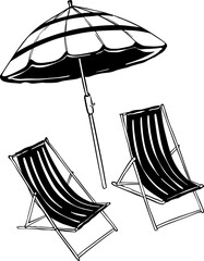 Hand drawn beach shears with umbrella. Doodle vector vintage sunbed illustration. Pool, hotel resort, lounge outdoor furniture. Sun shadow seat with parasol. Sea vacation design element