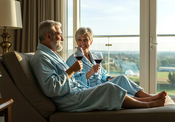 Happy mature couple in bathrobes enjoying wine while relaxing in luxury resort