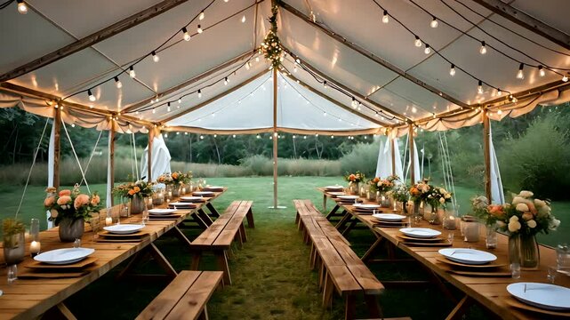 Outdoor Wedding Tent Setup with Elegant Floral Arrangements and Wooden Tables in Natural Green Setting
