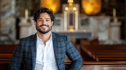 Fototapeta premium A confident, cheerful man in a suit poses in a tranquil church interior, radiating positivity and elegance, embodying a sense of peace and belonging within spiritual spaces.