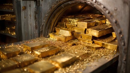 A secure vault filled with gold bars and granules, symbolizing wealth, security, and financial prosperity in a protected environment.