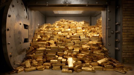 Massive gold reserve in a vault behind an open door with bars of different sizes stacked on top of each other to form a heap.