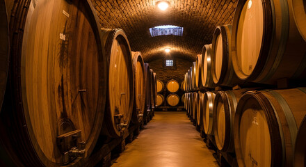 Aging wine barrels in a dimly lit wine cellar, perspective shot, warm tones