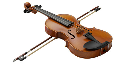 Fototapeta premium A beautifully crafted wooden violin resting on its side, showcasing intricate details, with a blurred background of musical notes