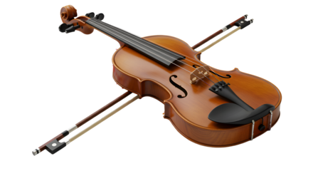 A beautifully crafted wooden violin resting on its side, showcasing intricate details, with a blurred background of musical notes