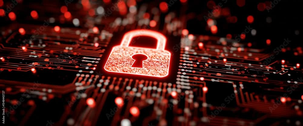 Poster a red padlock icon on the left side of an illuminated circuit board against a black background, crea