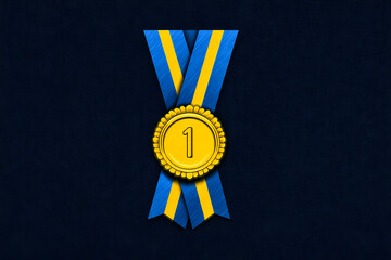 First place medal vector logo with blue and gold ribbon
