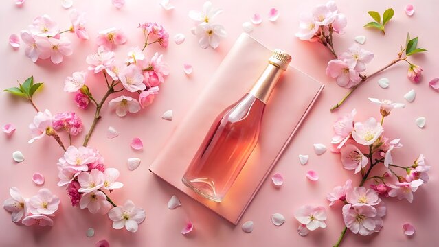Pink Rosé Champagne Bottle with Cherry Blossoms on Pink Background: Elegant Spring Flatlay