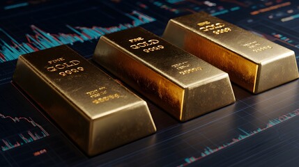 Golden bars rest on financial charts, embodying wealth, investment, and economic stability. The purity of the gold is marked at 999.9