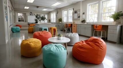 A modern classroom filled with vibrant bean bags creates a welcoming and relaxed learning environment for students, encouraging creativity and collaboration among peers.