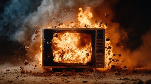 An artistic representation of a vintage television set exploding in flames highlights dramatic contrast, representing chaos, entertainment, and the impact of media on society.