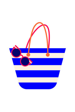 Striped beach tote bag with sunglasses vector illustration. Blue white summer handbag with pink orange handles for vacation travel. Isolated high-res PNG. Perfect for vacation and fashion designs