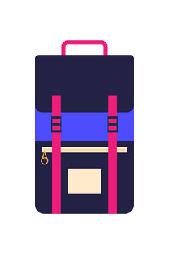 Modern hiking backpack vector illustration with pink straps and blue navy design. Travel adventure rucksack for outdoor camping and school use. High-res PNG isolated background for design projects