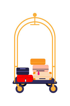 Vector illustration of hotel luggage cart with stacked colorful suitcases. Bellhop trolley, baggage transport, travel, hospitality, vacation service. High-res PNG on transparent background
