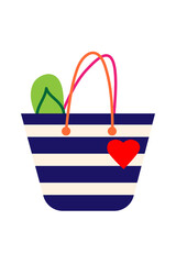 Striped beach tote bag with flip flop vector illustration. Navy blue white summer handbag with pink orange handles for vacation travel. Isolated high-res PNG. Perfect for vacation and fashion designs