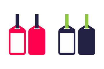 Luggage tags vector illustration set isolated PNG. Colorful travel baggage labels in pink and navy blue with green straps. Perfect for airline travel design projects, banner, post and social media PNG