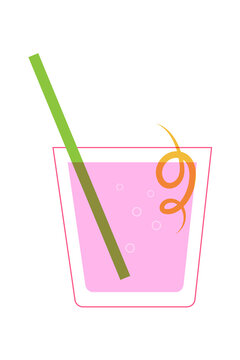 Pink cocktail drink glass with green straw and orange garnish. Perfect for tropical drinks, summer beverages, bar menu designs or social media posts, stickers. High-res isolated PNG.