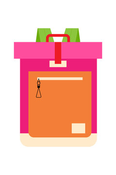 Colorful roll top backpack vector illustration. Pink orange yellow adventure rucksack for everyday use or outdoor camping. Perfect for travel, back to school and fashion projects. High-res PNG