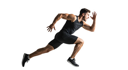 Athletic man sprinting energetically in a dynamic pose on a transparent background, showcasing fitness and determination