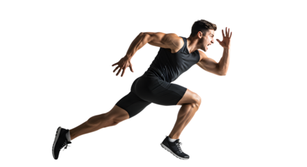 Athletic man sprinting energetically in a dynamic pose on a transparent background, showcasing fitness and determination