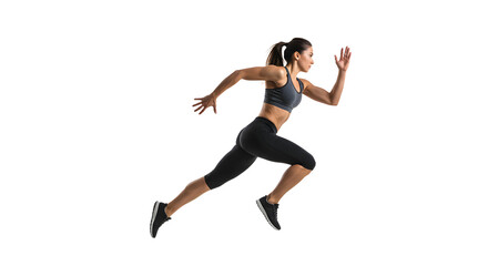 Athletic woman sprinting in a dynamic pose, showcasing strength and determination against a neutral background