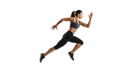 Athletic woman sprinting in a dynamic pose, showcasing strength and determination against a neutral background