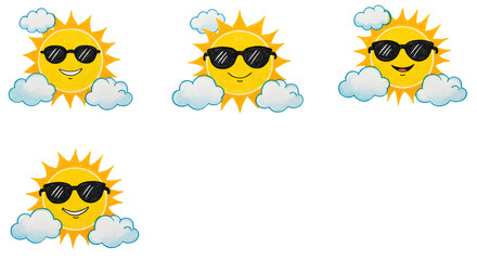 Cheerful cartoon suns wearing sunglasses playfully surrounded by fluffy clouds, symbolizing a bright and sunny day