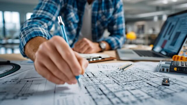 Close up of an electrical engineer sketching a house design on paper at a desk with a laptop and electronic components, emphasizing electrical engineering concepts