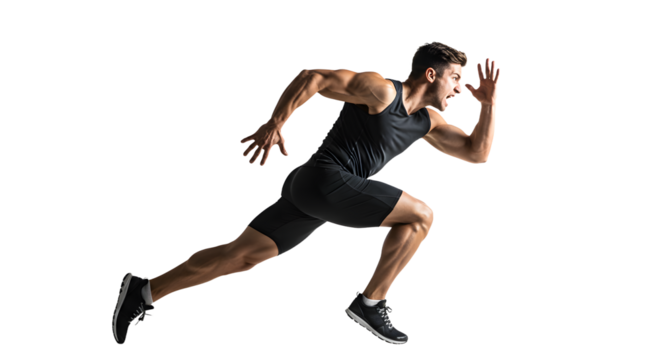 Athletic man sprinting energetically in a dynamic pose on a transparent background, showcasing fitness and determination