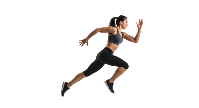 Athletic woman sprinting in a dynamic pose, showcasing strength and determination against a neutral background - Powered by Adobe
